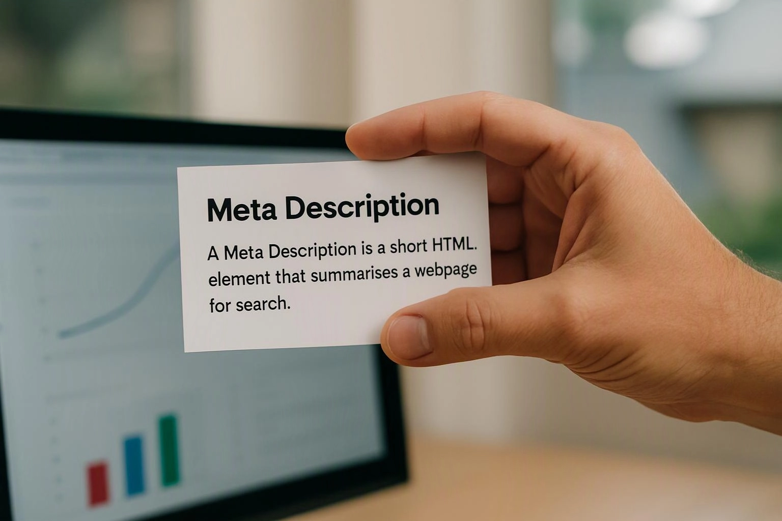 A hand holds a card reading “Meta Description” in front of a blurred computer screen with charts