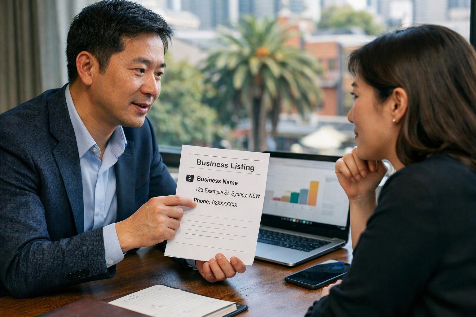 Two people discuss a business listing at a table, with a laptop and phone beside them