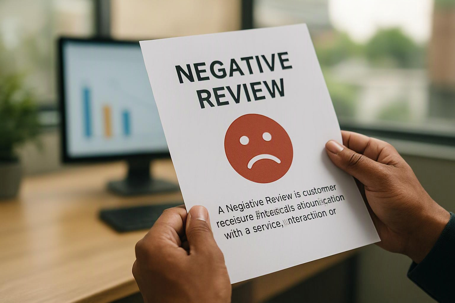Hands hold a paper labeled negative review with a sad face in front of a blurred office monitor