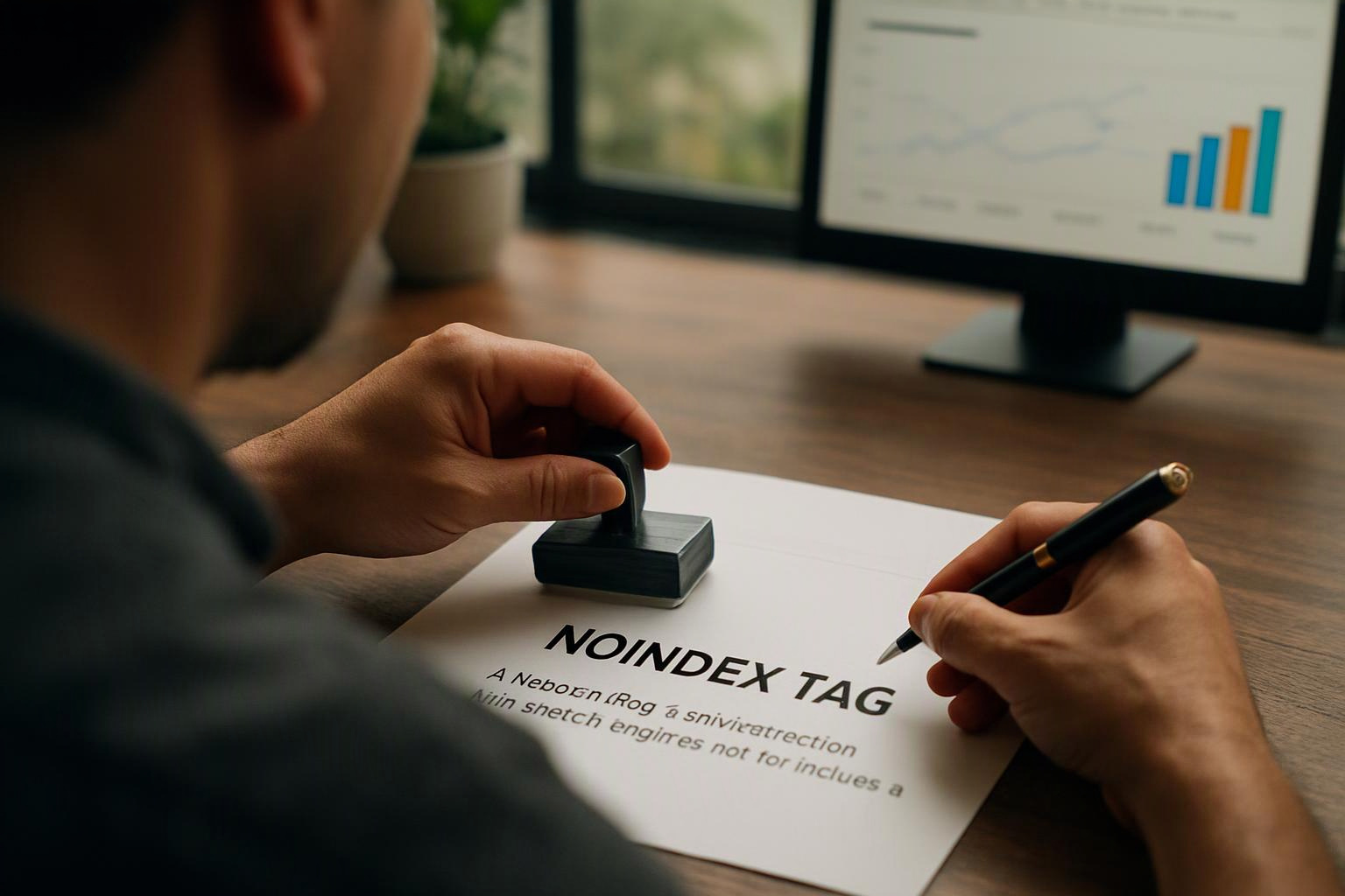 A person stamps a paper with a pen in hand beside a desk monitor showing charts