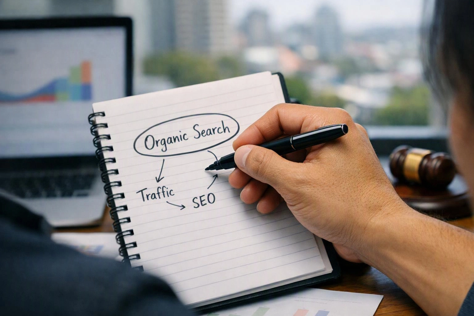 A hand writes a sketch of organic search, traffic, and SEO in a notebook beside a laptop and gavel