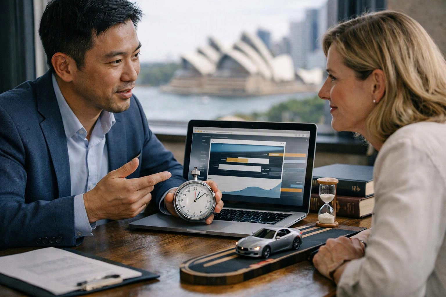 Two people talk across a desk with a laptop, stopwatch, toy car, and hourglass in front of a harbor view