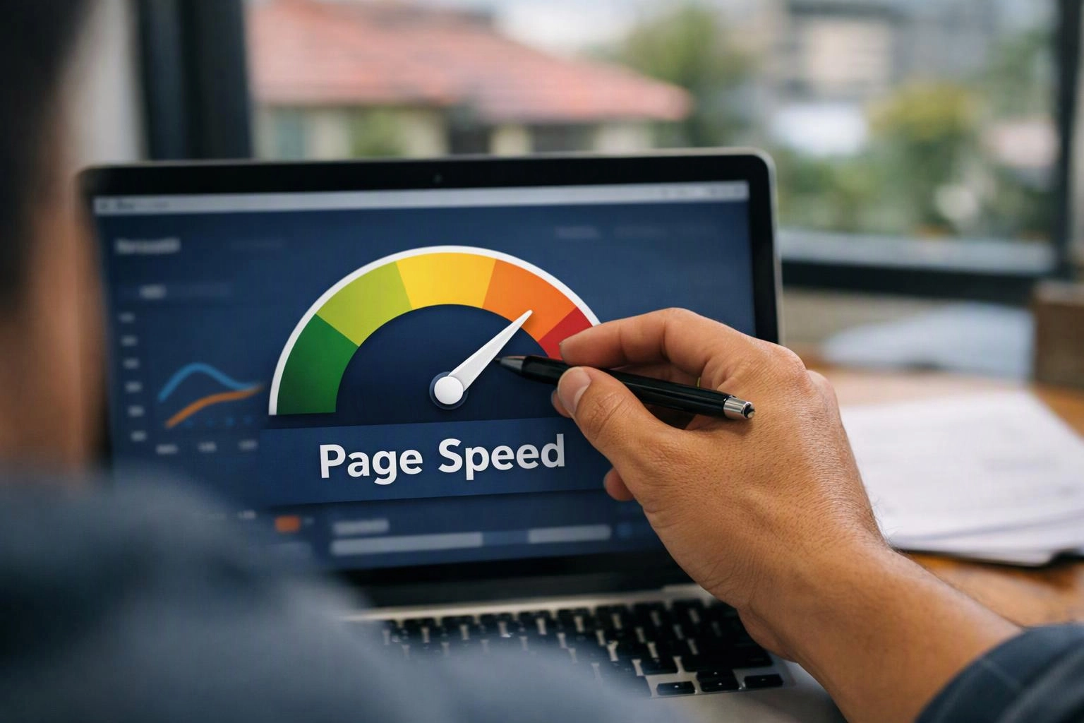 A hand points a pen at a laptop screen showing a colorful page speed gauge and the words "Page Speed"