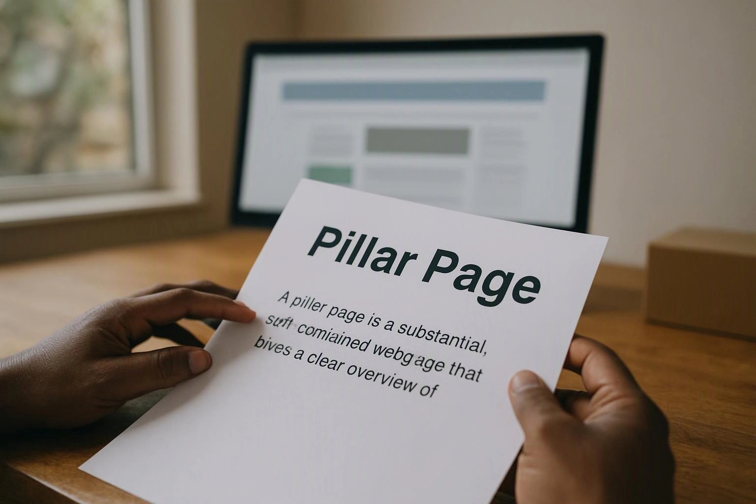 Hands hold a paper titled “Pillar Page” in front of a blurred computer screen on a desk
