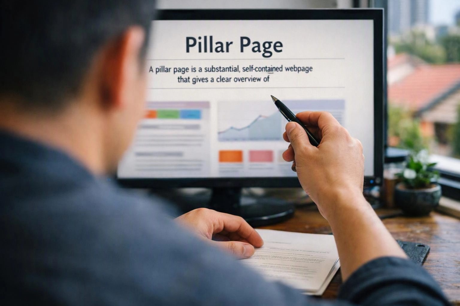 A person points a pen at a monitor showing a webpage titled Pillar Page at a desk