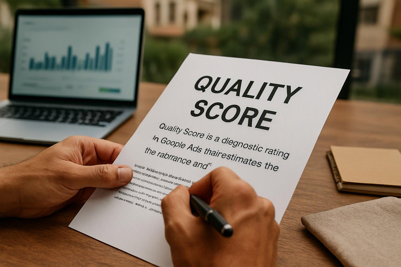 Hands write on a paper titled “QUALITY SCORE” beside a laptop with a blurred bar chart on a desk