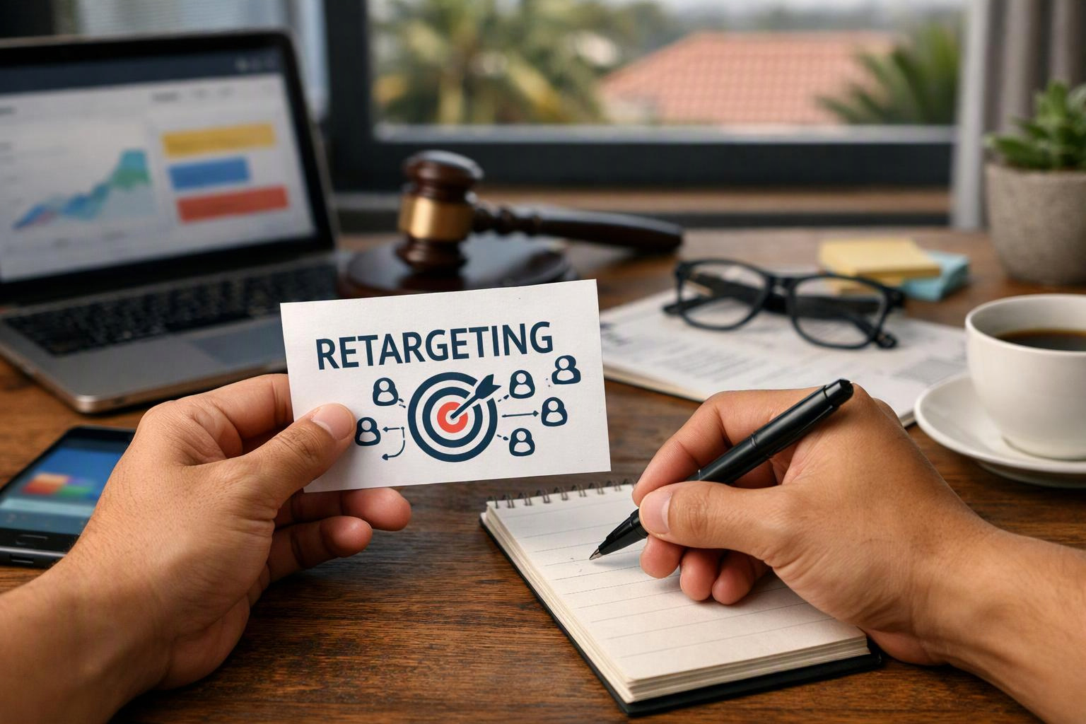 Hands hold a card labeled "RETARGETING" over a desk with a laptop, gavel, notebook, glasses, and coffee cup
