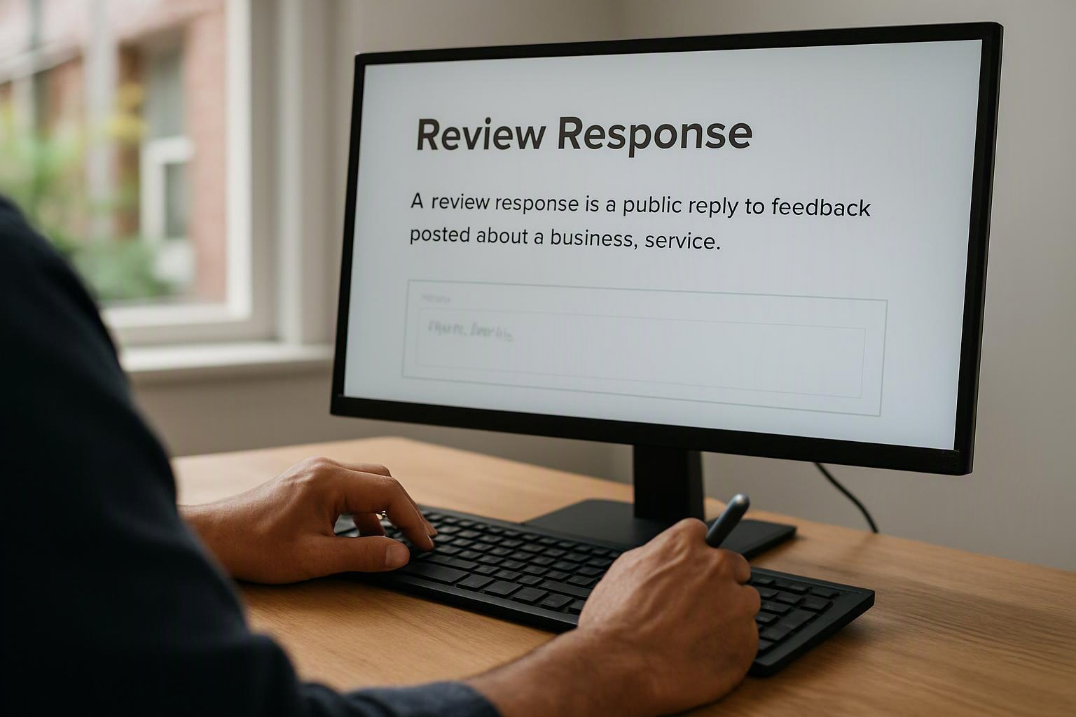 A person writes at a desk while a monitor shows a “Review Response” page