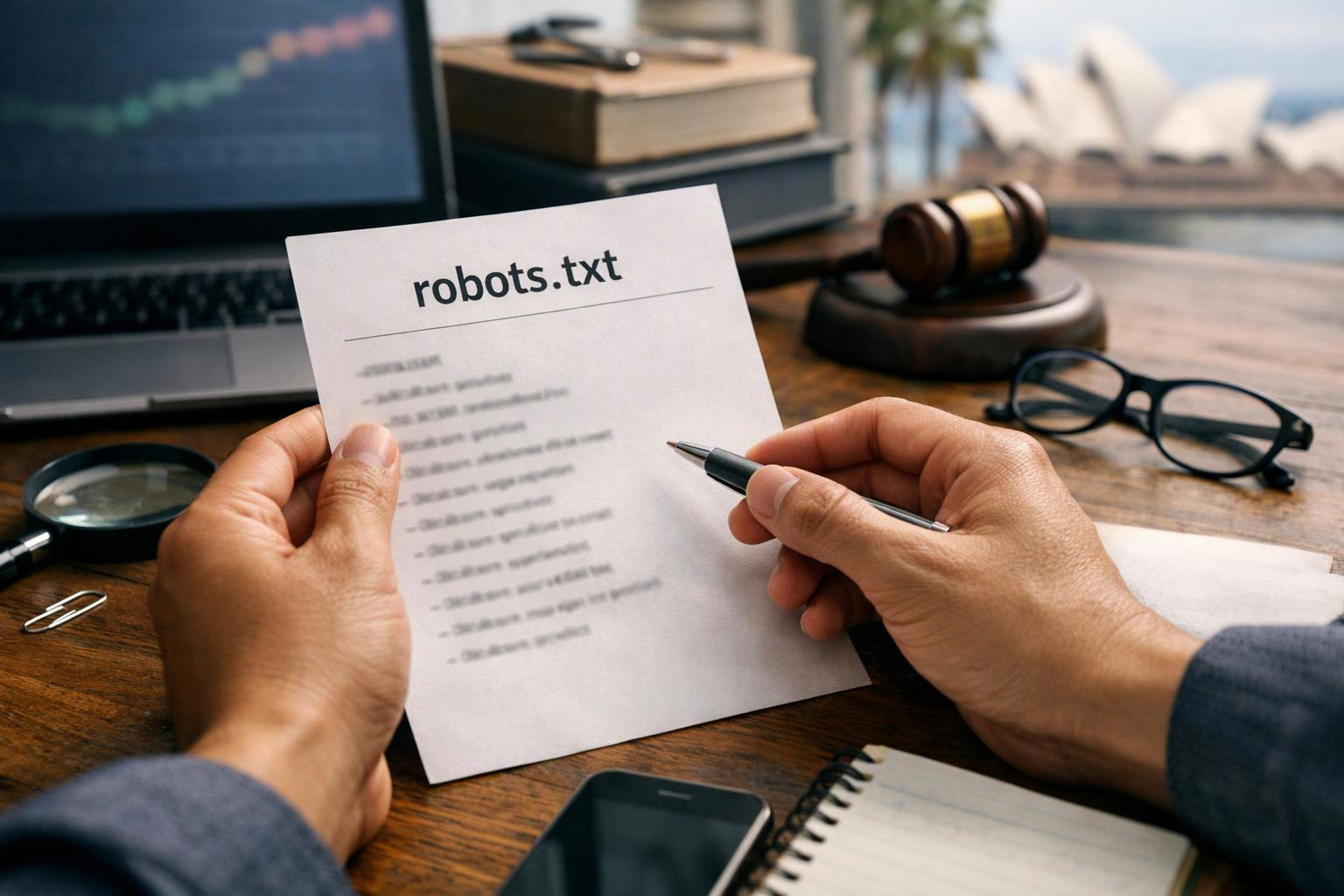 Hands hold a paper labeled robots.txt over a wooden desk with laptop, glasses, magnifying glass, and gavel