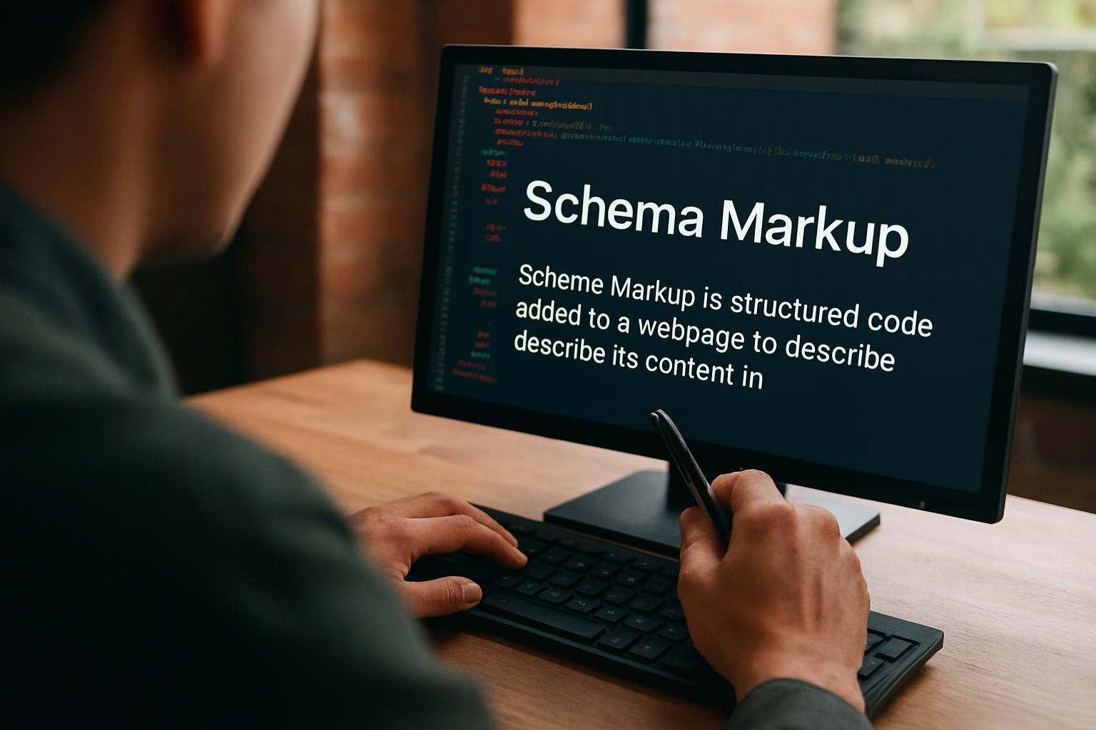 A person at a desk types beside a monitor showing “Schema Markup” on a dark screen