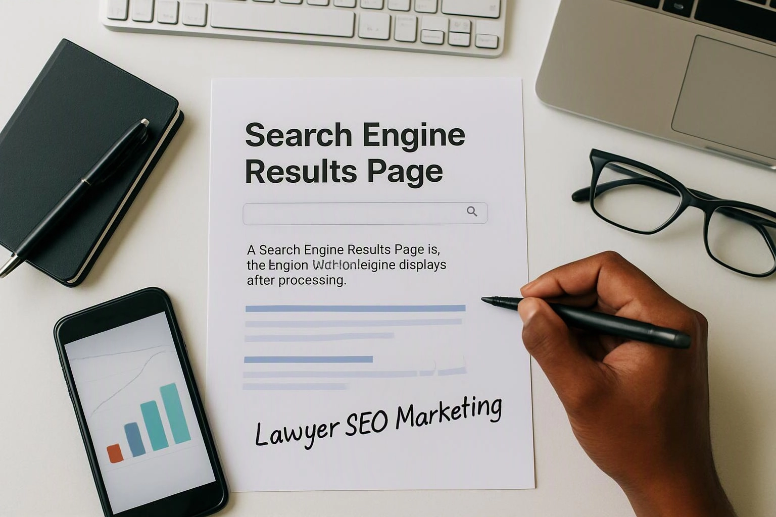 A hand writes on a search engine results page mockup beside a phone, glasses, notebook, and laptop on a desk