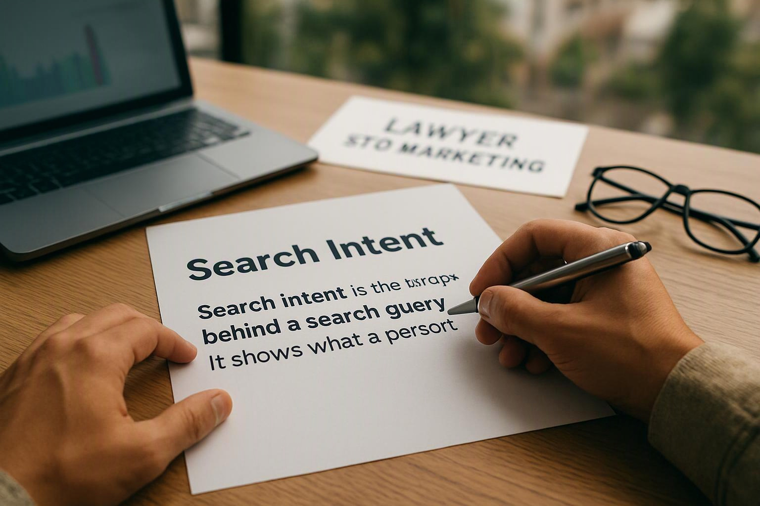 Hands write on a paper labeled Search Intent beside a laptop, glasses, and another marketing sheet on a desk