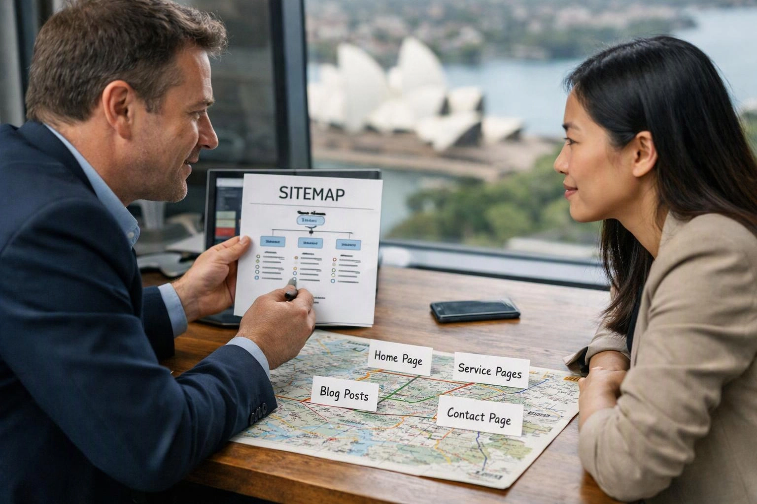 Two people discuss a sitemap at a desk, with page labels laid over a map and a city view behind them