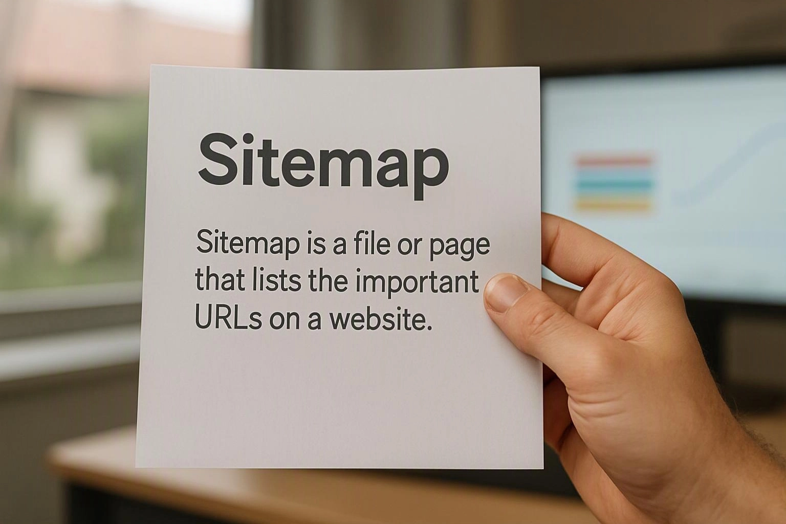 A hand holds a paper card reading “Sitemap” with a definition in front of a blurred computer screen