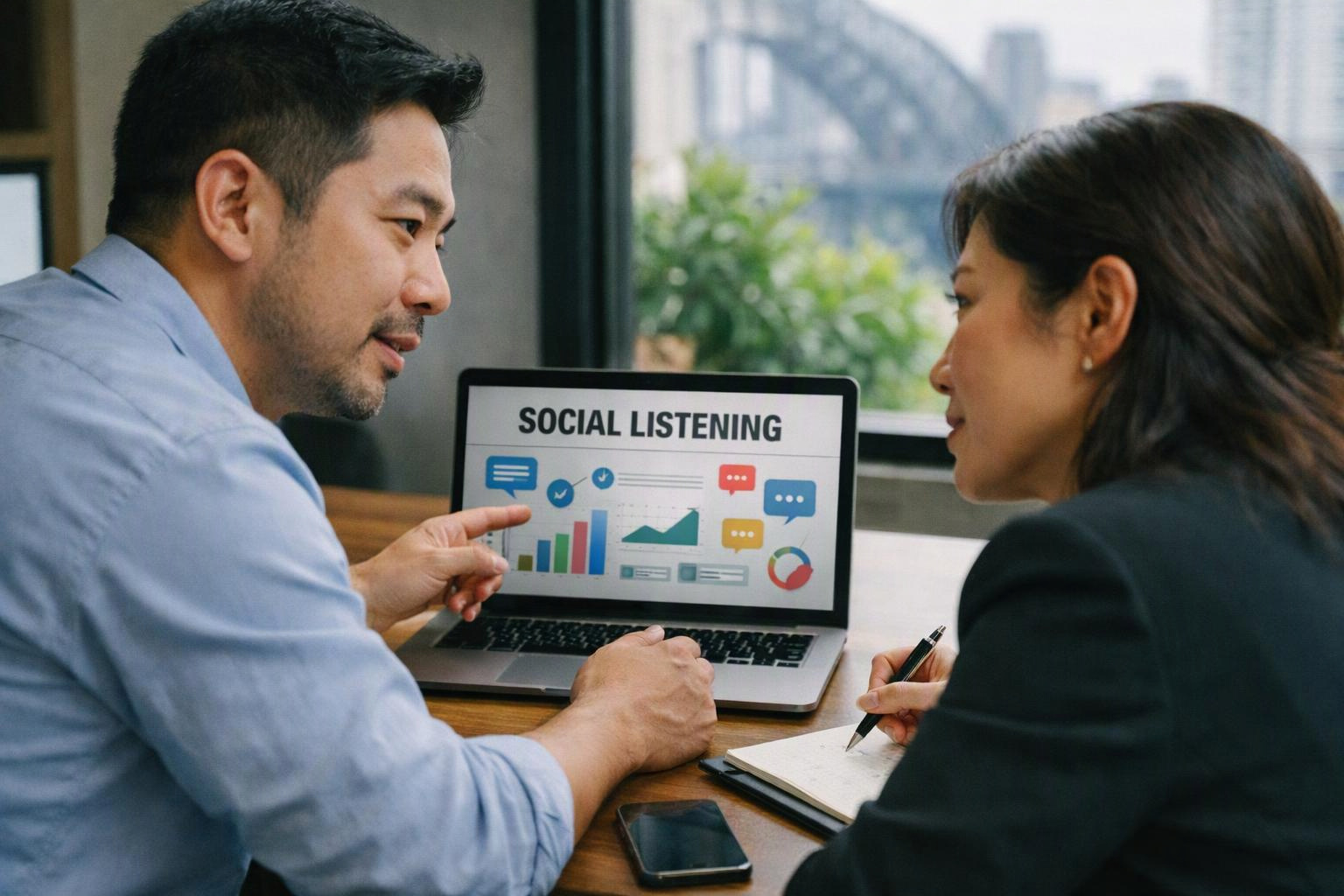 Two coworkers discuss a laptop showing “SOCIAL LISTENING” charts at a table by a window