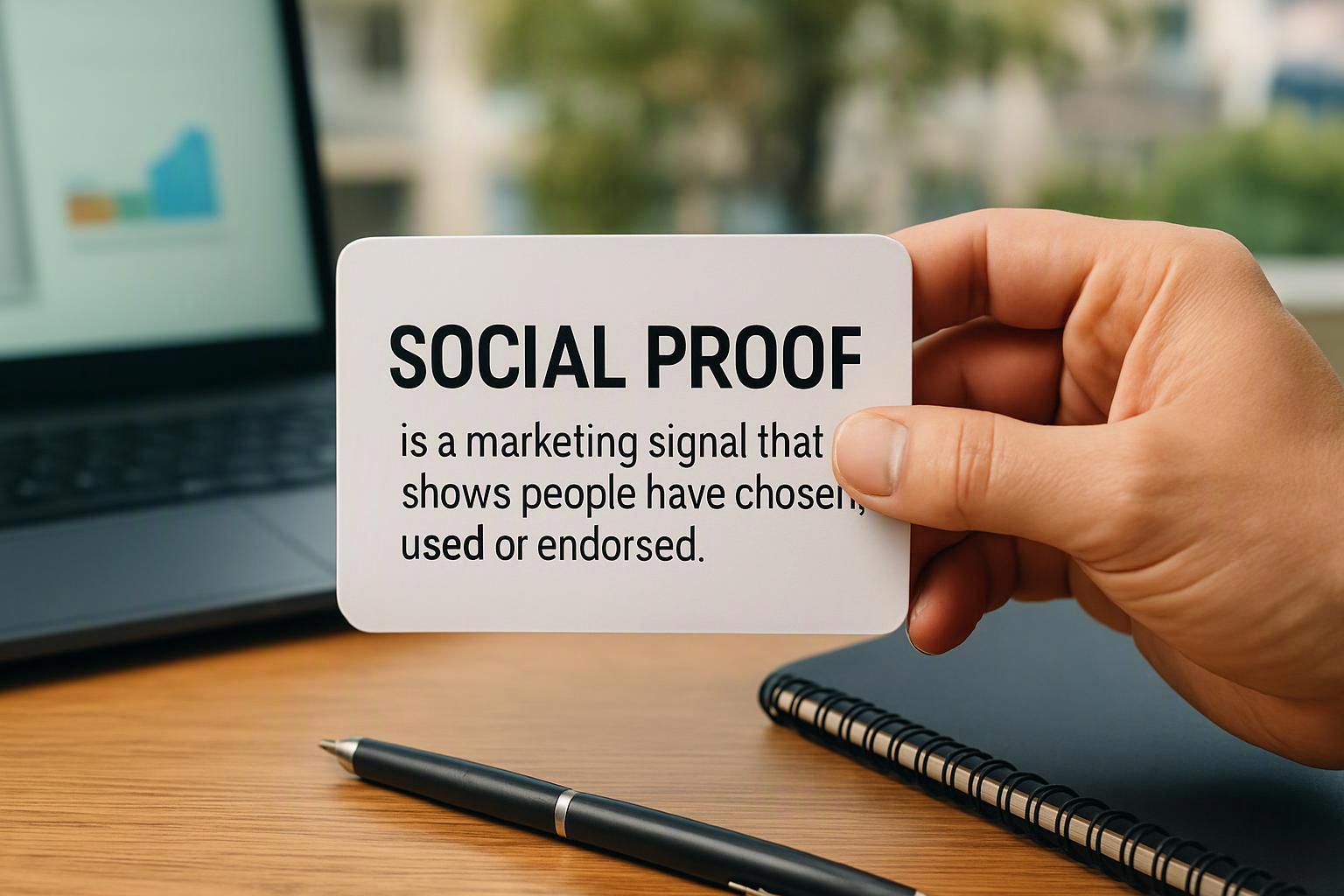 A hand holds a card reading “SOCIAL PROOF” above a desk with a laptop, pen, and notebook