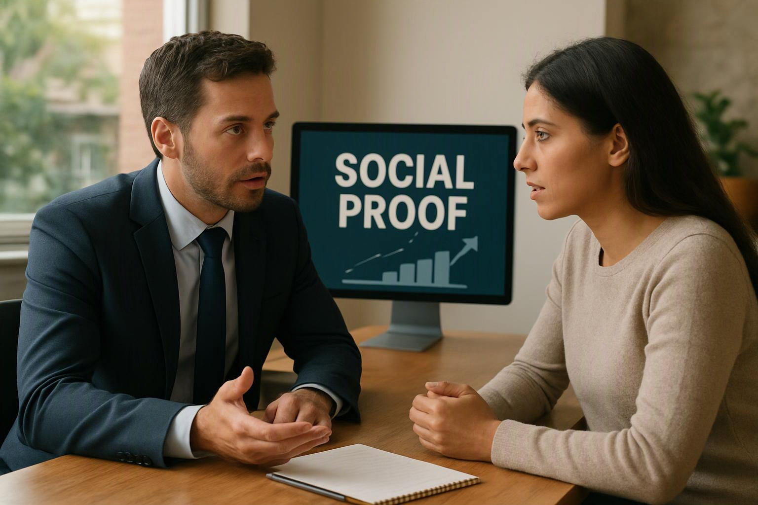 A man and woman talk at a desk, with a monitor behind them showing “SOCIAL PROOF” and a rising chart
