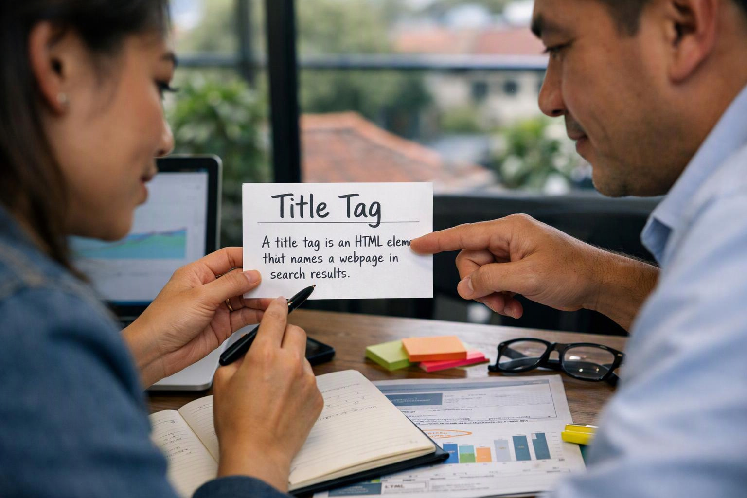 Two people study a card labeled Title Tag at a desk with notes, charts, laptop, and glasses