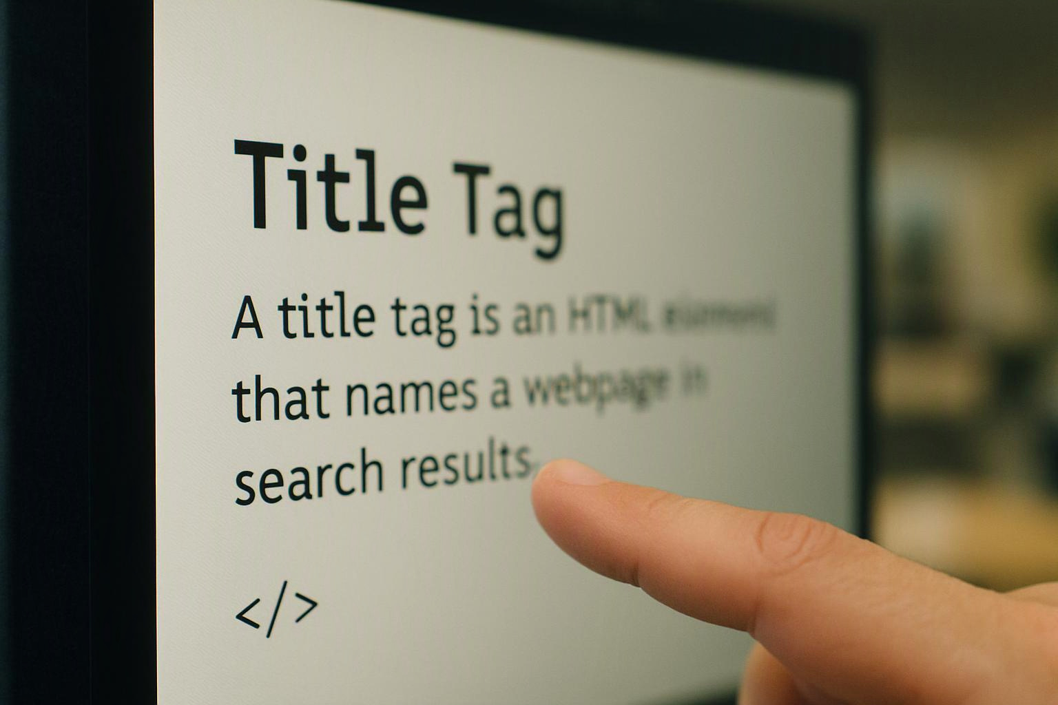 A finger points at a screen showing the heading “Title Tag” and a short explanation about search results
