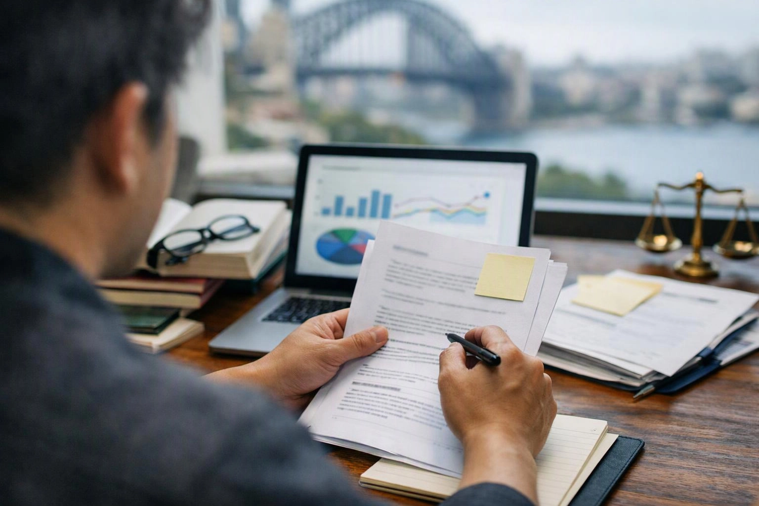 A person reviews papers with a pen at a desk, while a laptop shows charts and a bridge blurs outside the window