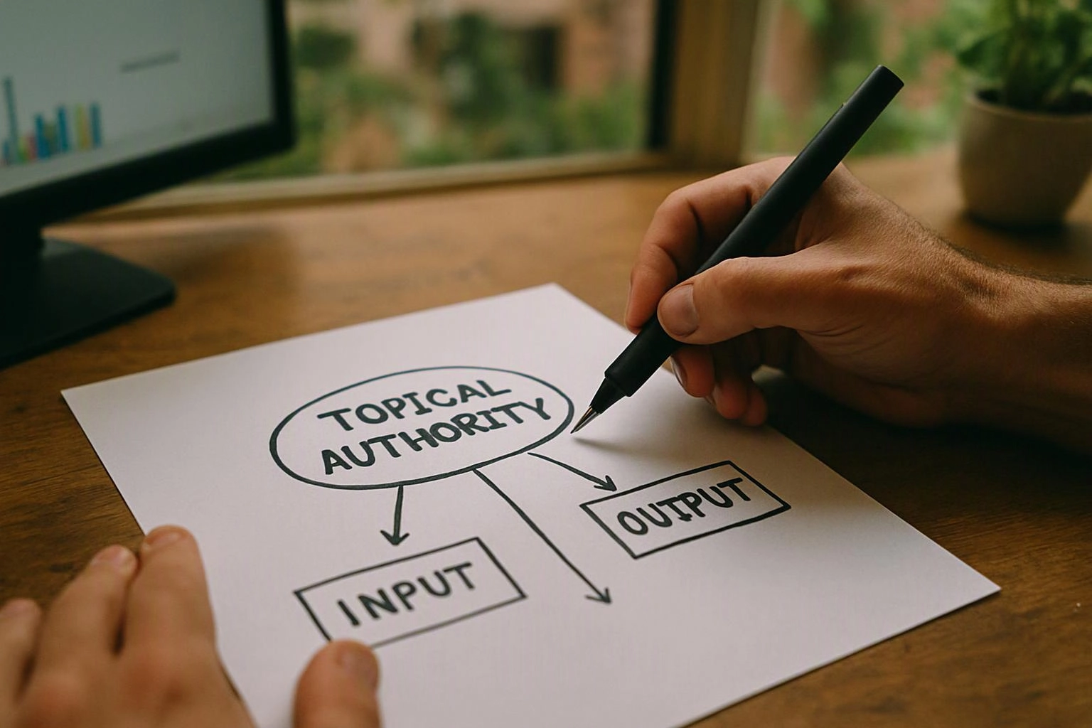 A hand sketches a diagram labeled “TOPICAL AUTHORITY” with arrows to “INPUT” and “OUTPUT” on a desk