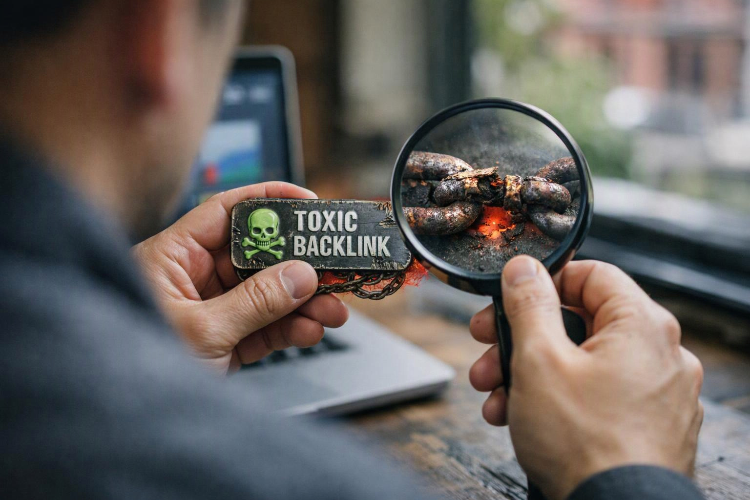 A person holds a “TOXIC BACKLINK” badge under a magnifying glass showing charred links on a desk