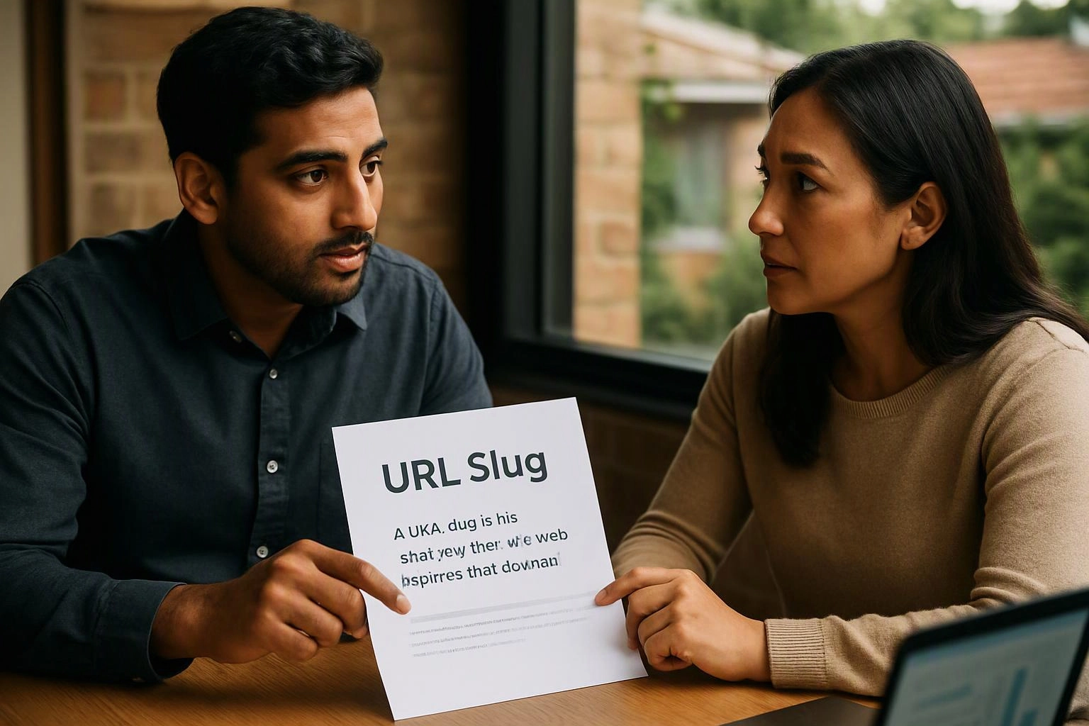 Two people sit at a table, discussing a paper labeled “URL Slug” in a warm indoor setting
