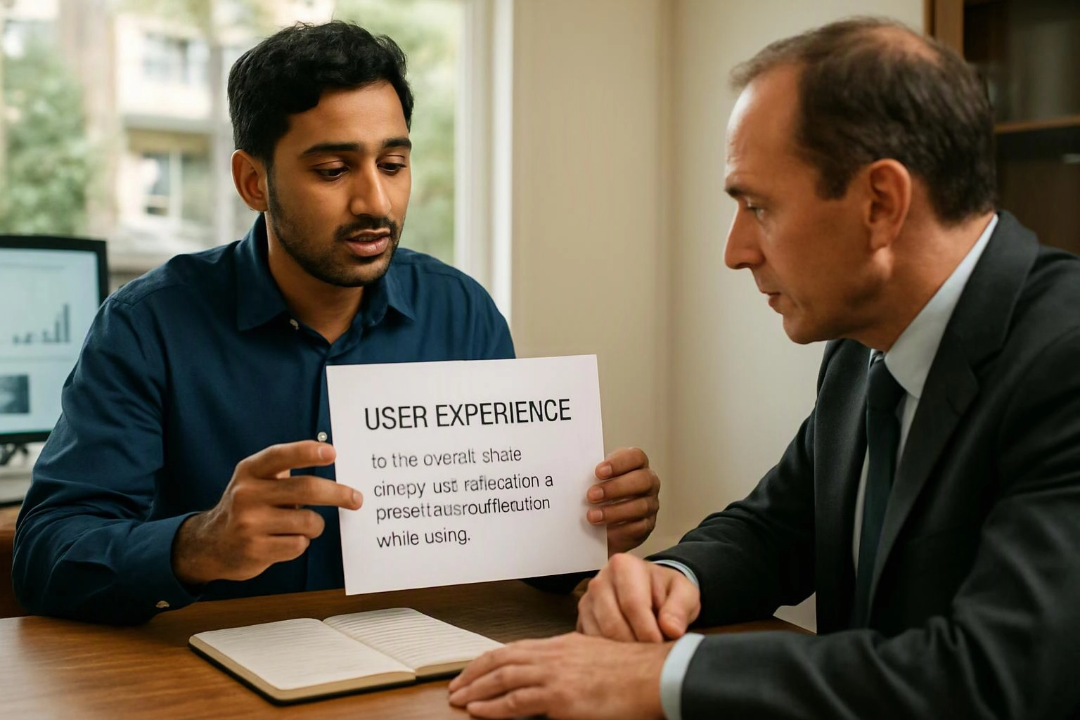 Two men sit at a table, one holding a paper that says "USER EXPERIENCE" while they talk in an office