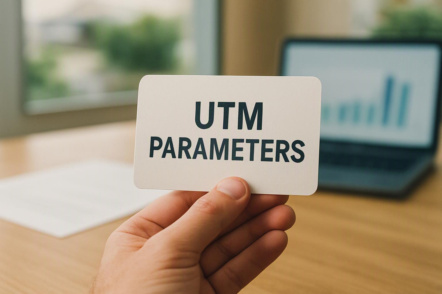A hand holds a card reading UTM PARAMETERS in front of a blurred laptop and desk