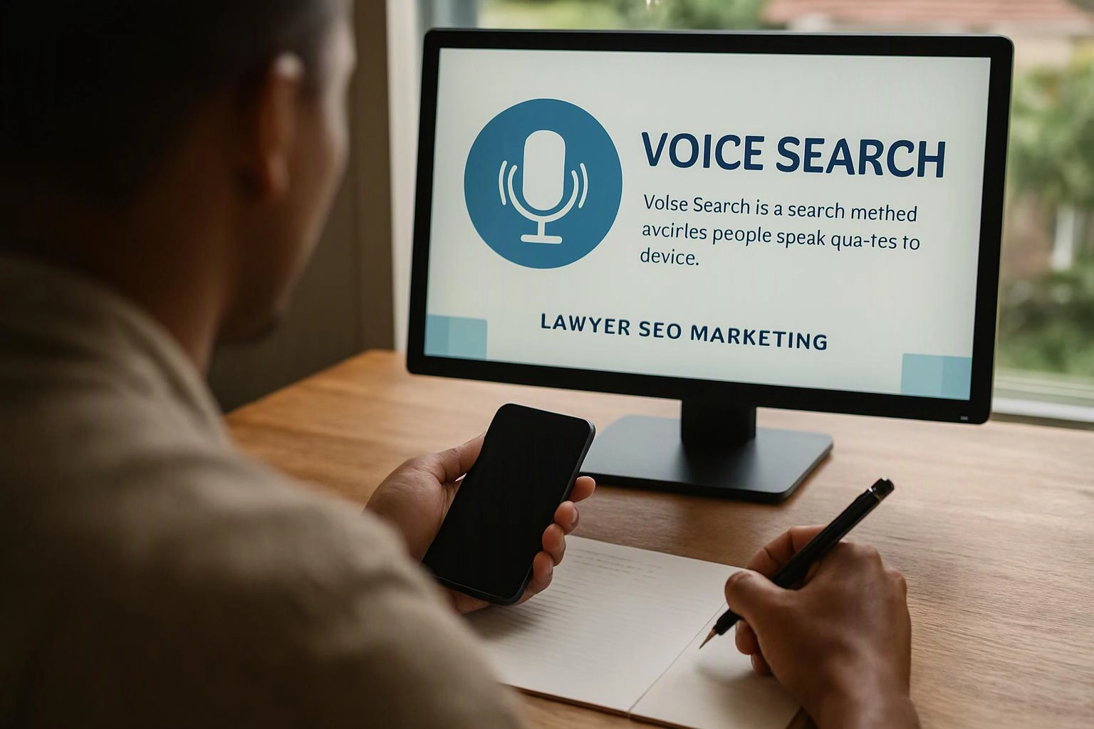 A person holds a phone and writes beside a monitor showing a voice search slide with a microphone icon