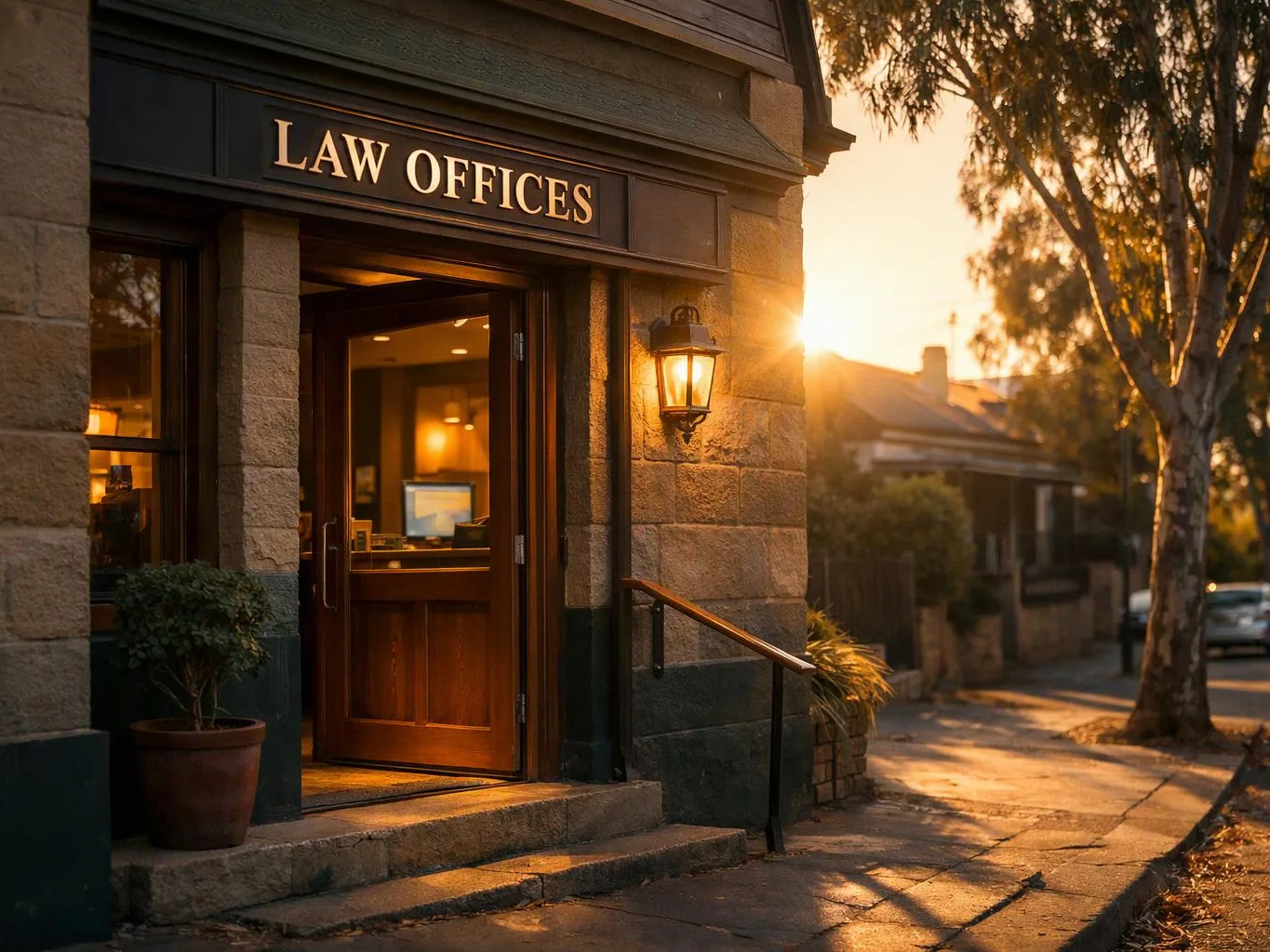 A glowing law office entrance opens onto a quiet sidewalk at sunset