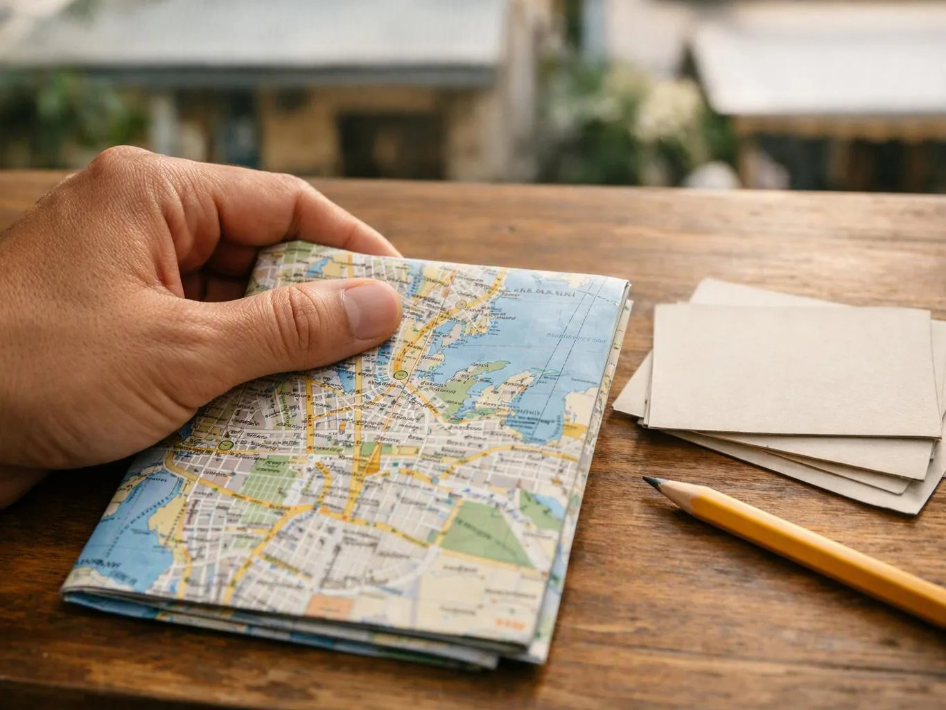 A hand holds a folded map beside blank cards and a pencil on a wooden table