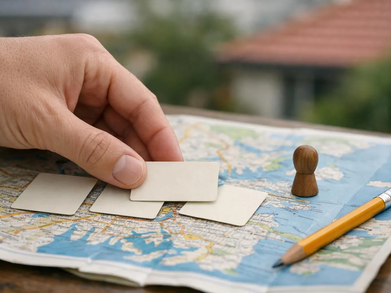 A hand places blank cards on a paper map beside a wooden marker and pencil