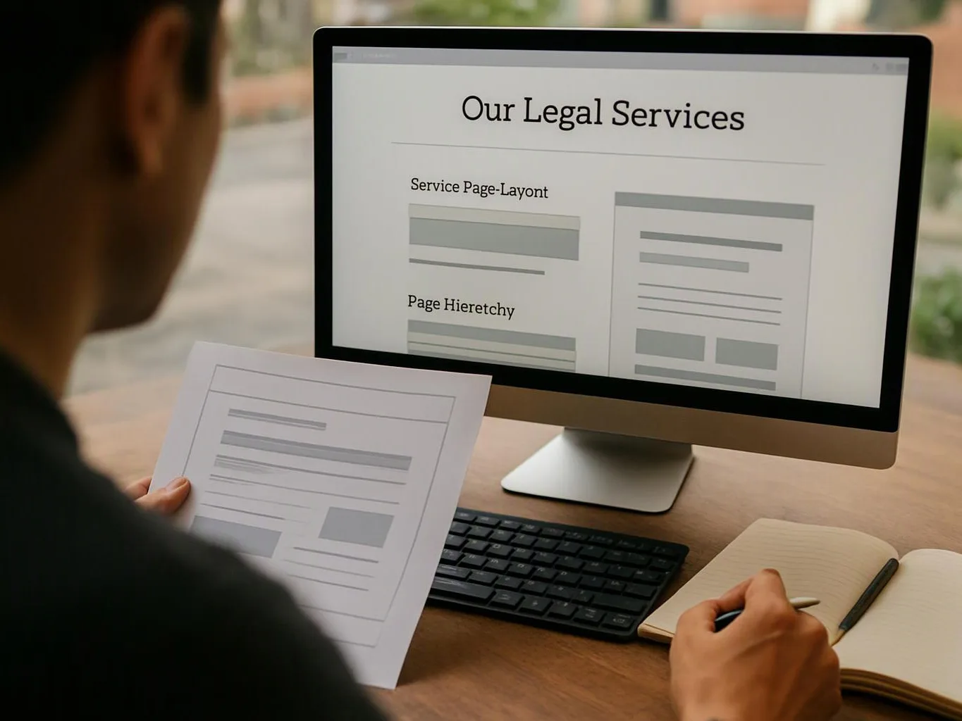 A person compares a printed page with a desktop monitor showing a legal services webpage layout