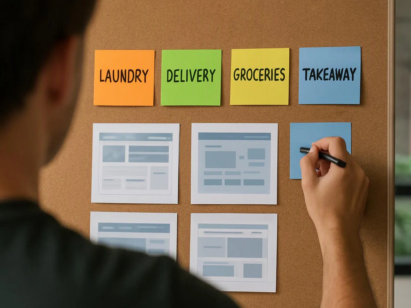 A person pins sticky notes and page mockups on a corkboard, with a hand writing on a blue note