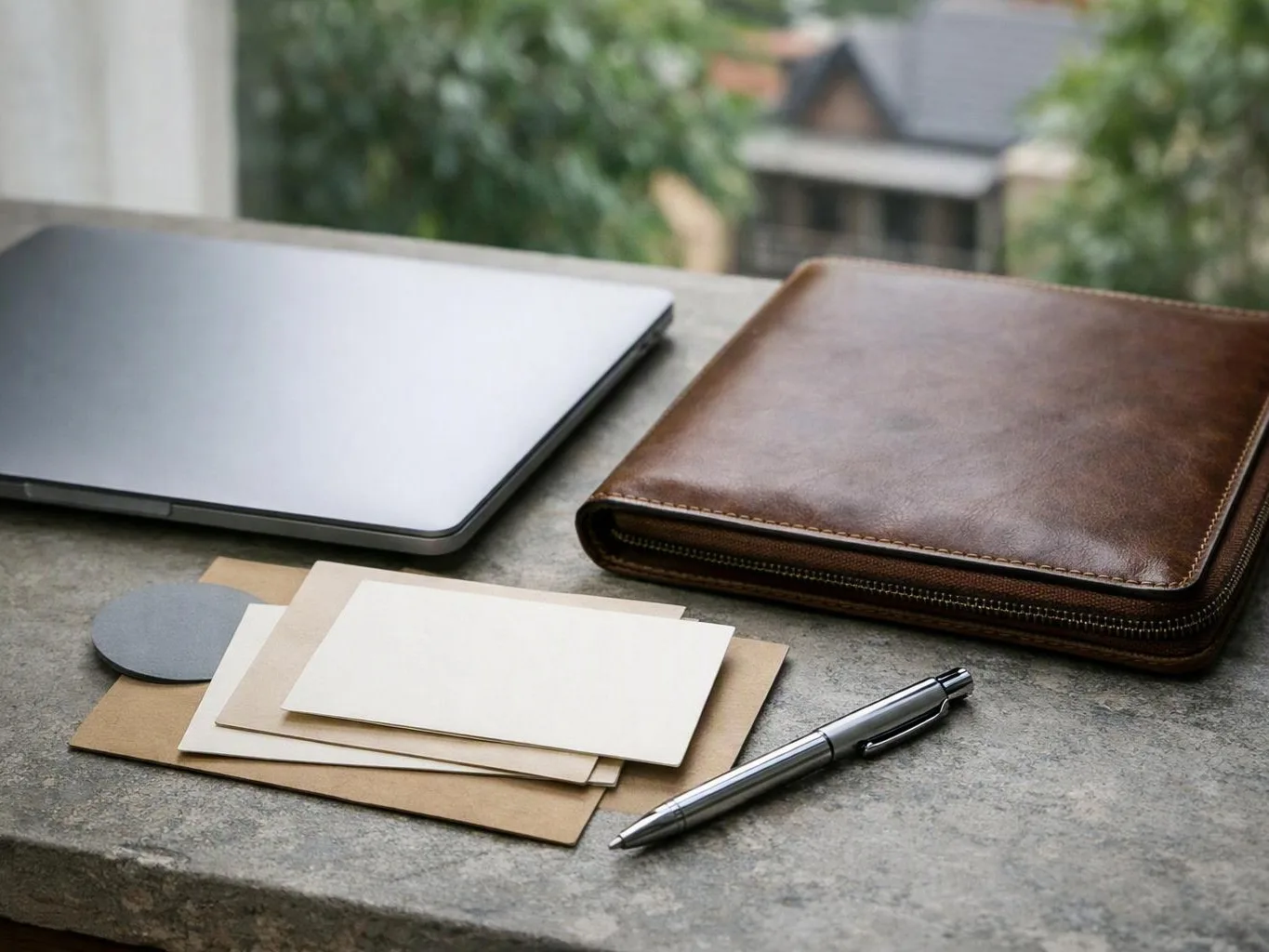 A laptop, leather portfolio, cards, and pen rest on a stone ledge by a blurred window view