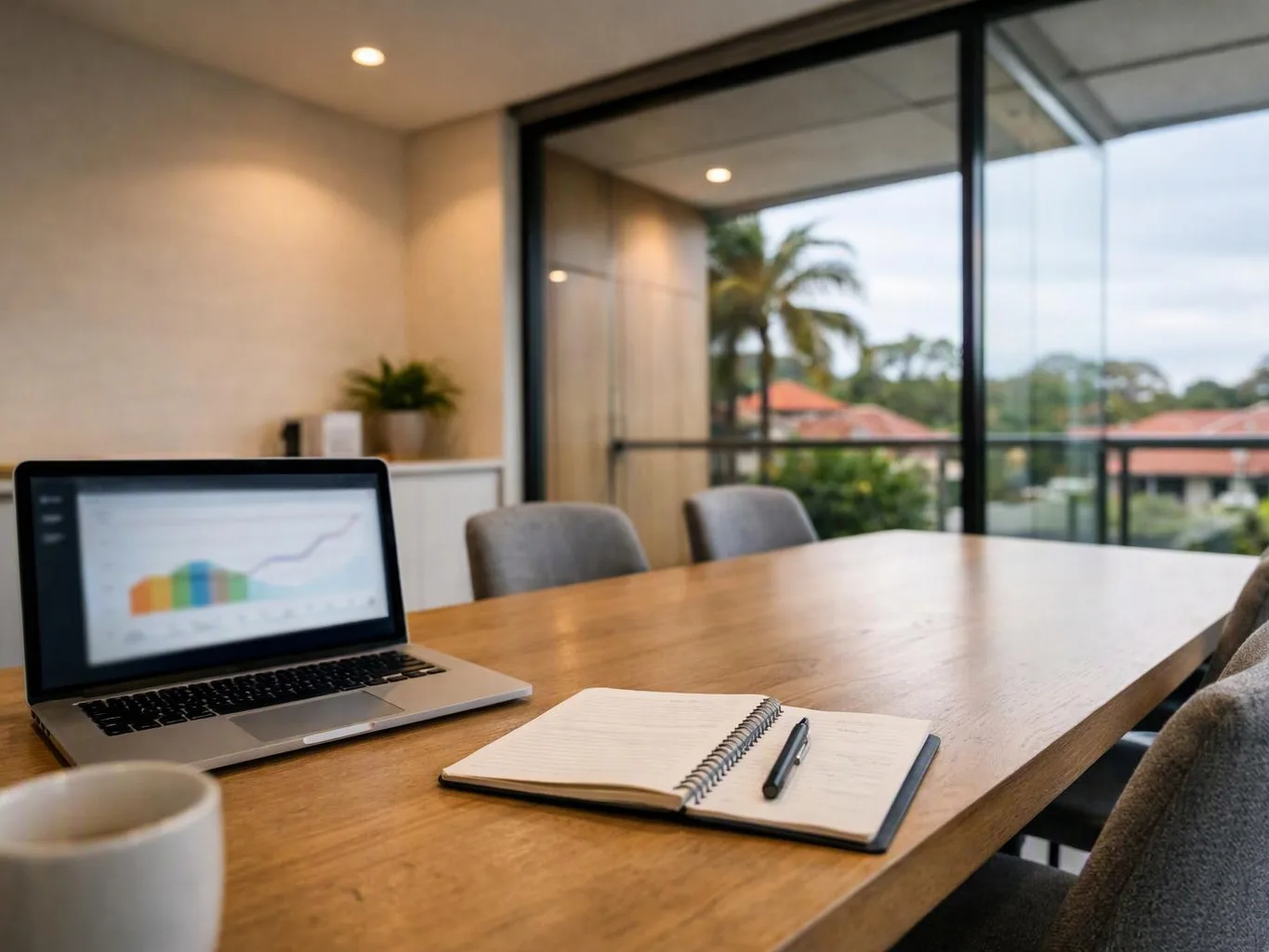 A laptop, open notebook, and coffee cup sit on a wooden conference table beside large windows with a palm tree outside