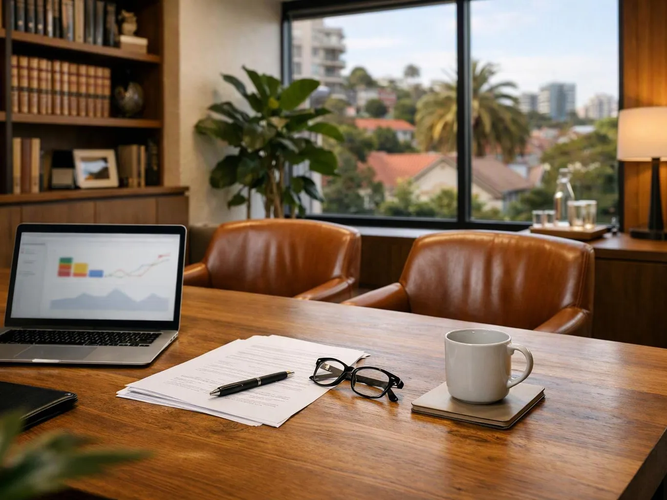 A laptop, papers, pen, glasses, and mug sit on a wooden desk in a sunlit office