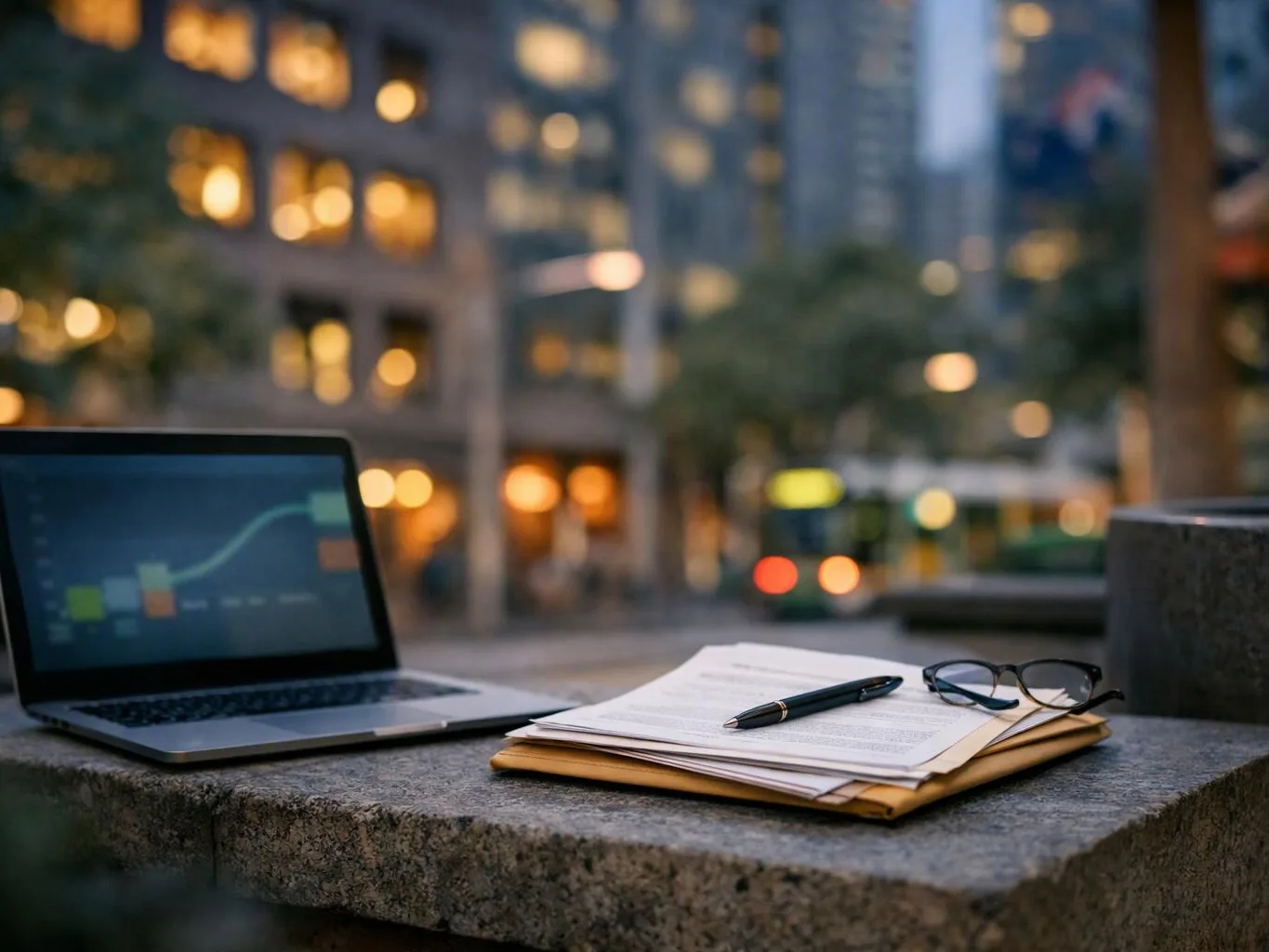 A laptop, papers, pen, and glasses sit on a stone ledge with blurred city lights behind them