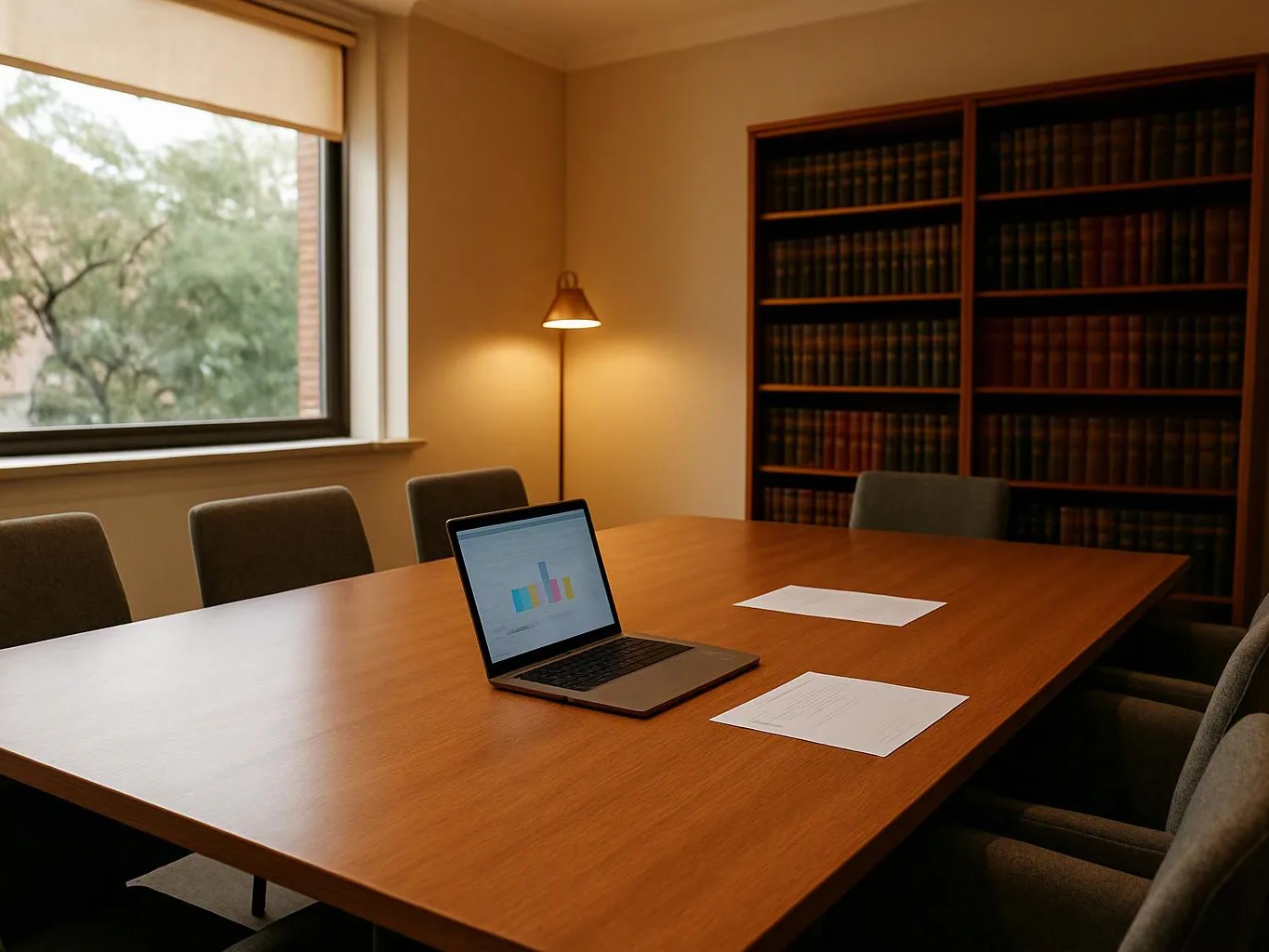 A laptop shows a bar chart on a wooden conference table with papers, chairs, a lamp, and bookshelves in a quiet room