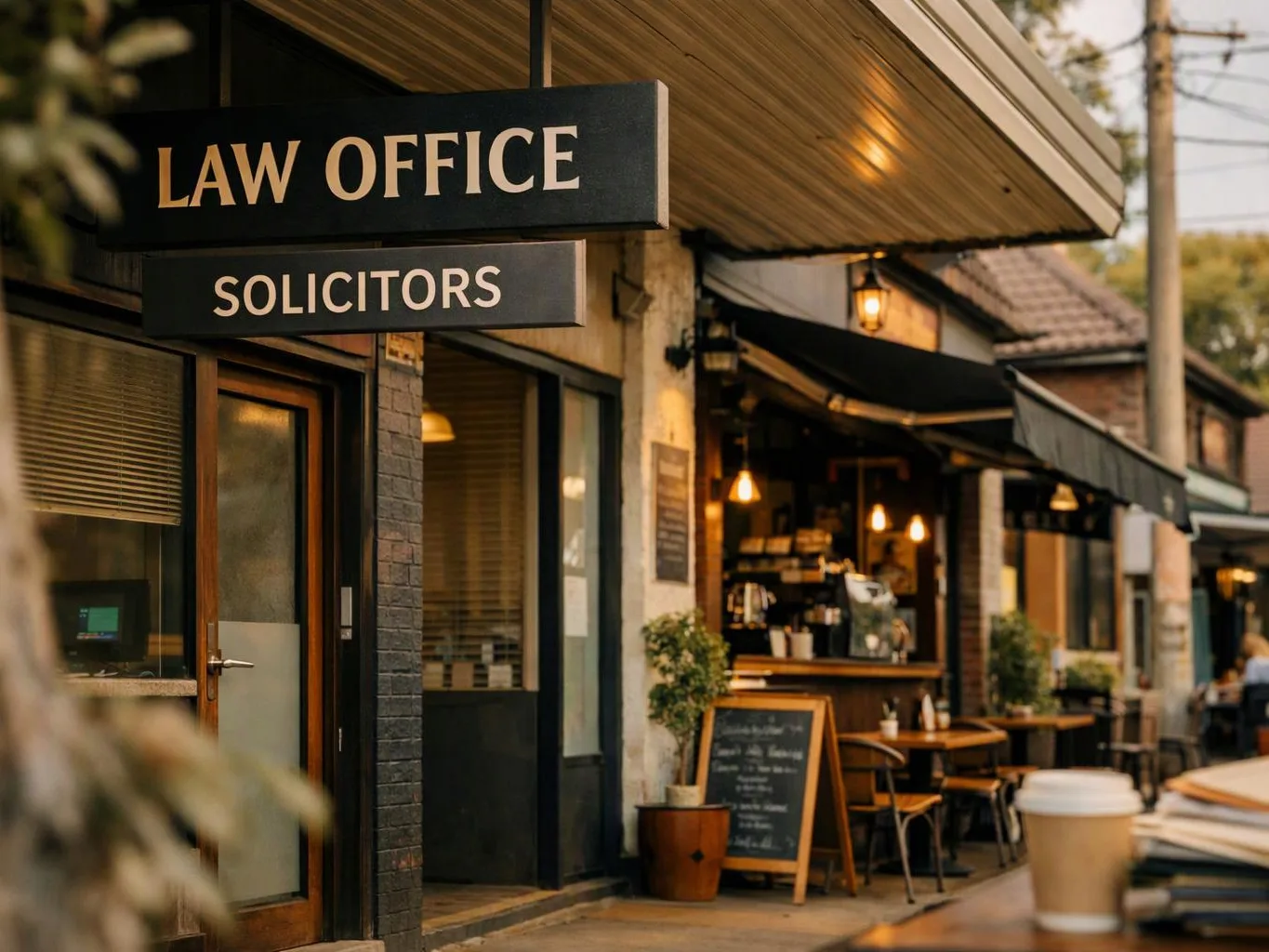 A sign hangs outside a storefront beside a cafe-style sidewalk seating area
