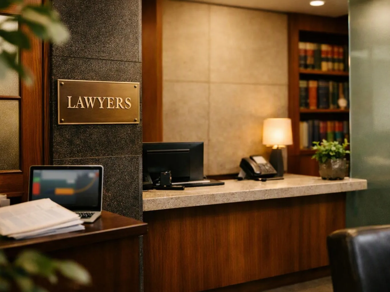 A lawyer office reception desk shows a brass “LAWYERS” sign, computer screens, a phone, a lamp, and bookshelves