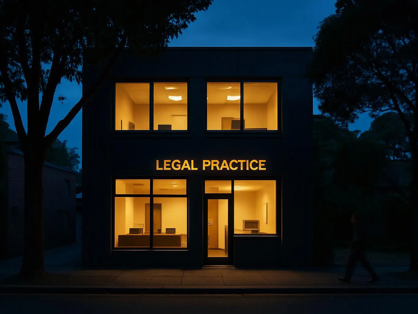 A lit office building at dusk displays the sign “LEGAL PRACTICE,” with dark trees framing the street view