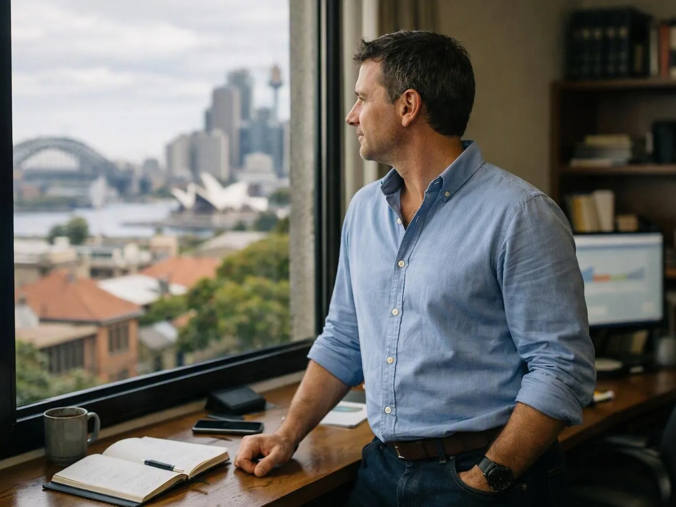 A man in a blue shirt stands by a window, looking out over a city skyline from an office