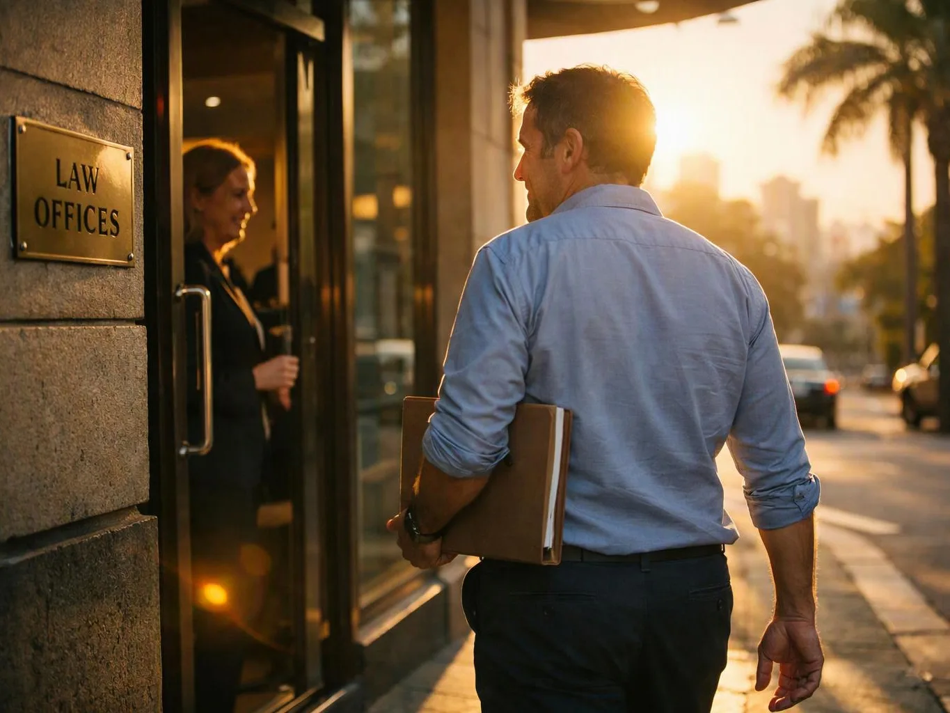 A man carries a folder toward a glass door marked law offices as a woman stands inside at sunset