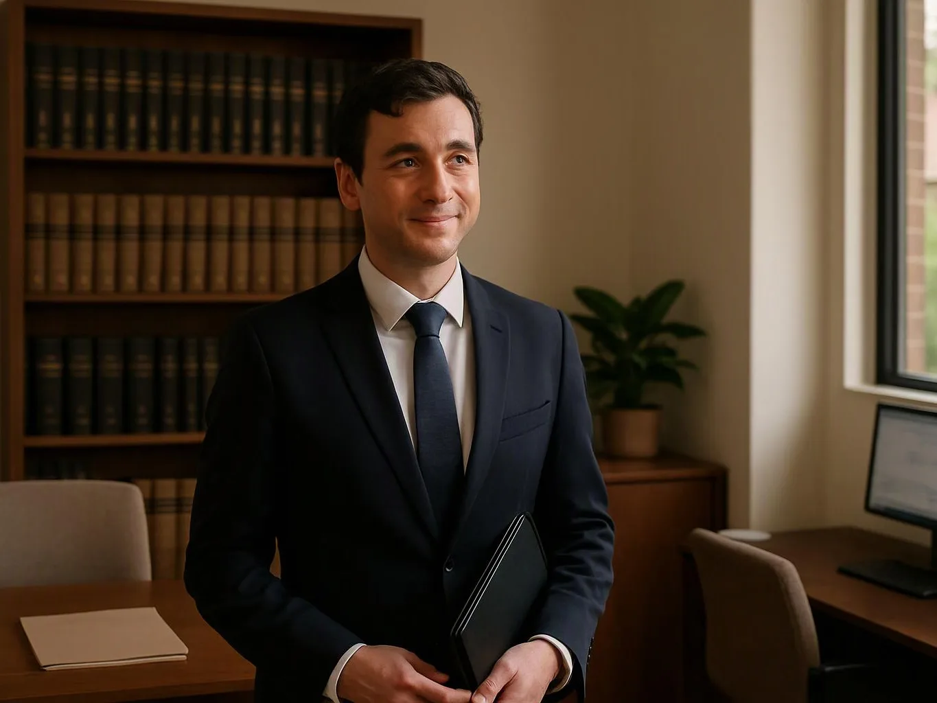 A man in a dark suit stands in an office, holding a folder beside bookshelves and a desk