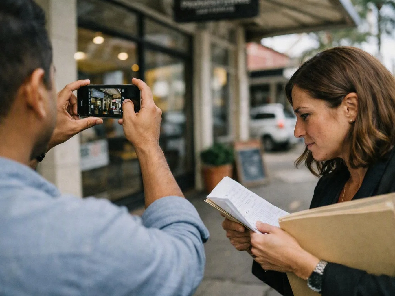 A man films a woman reading a notebook while standing outside a storefront on the sidewalk