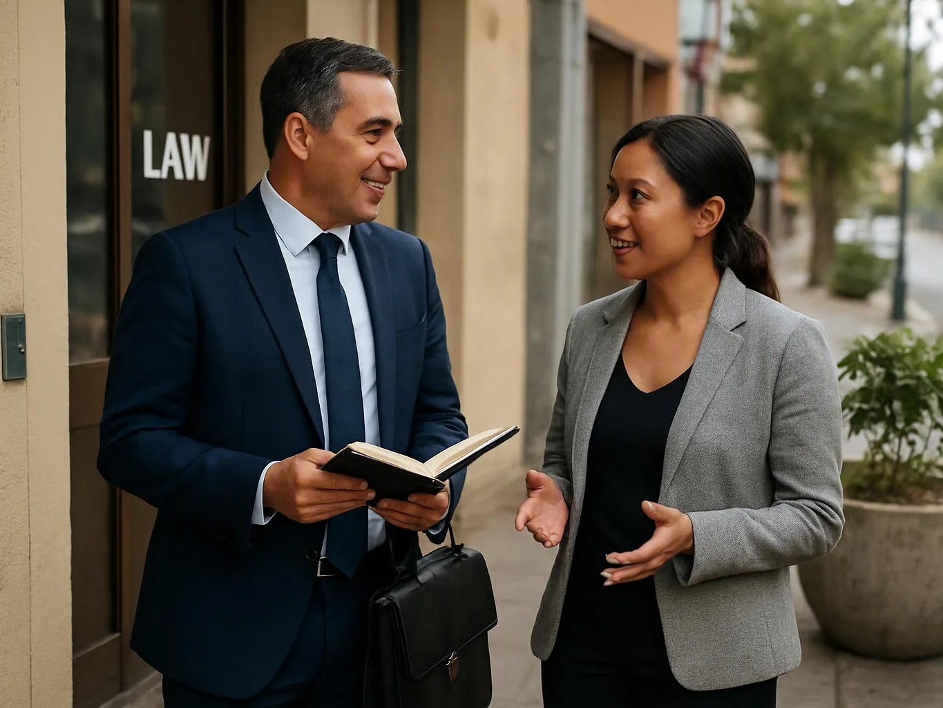 A man with a notebook talks with a woman outside a building marked LAW