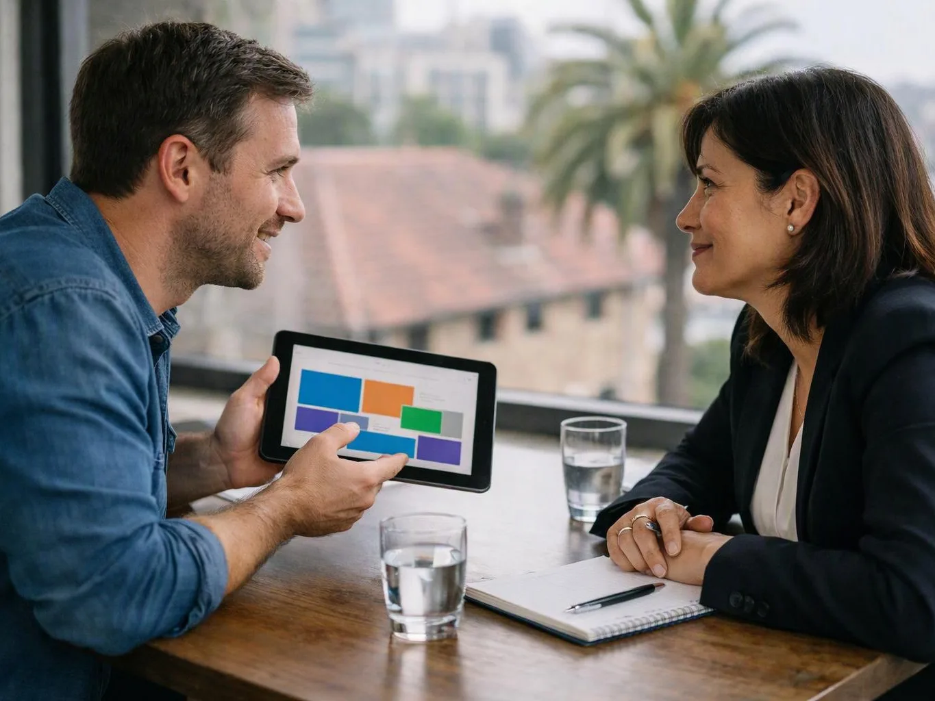 A man shows a tablet with colourful blocks to a woman across a table in a bright room