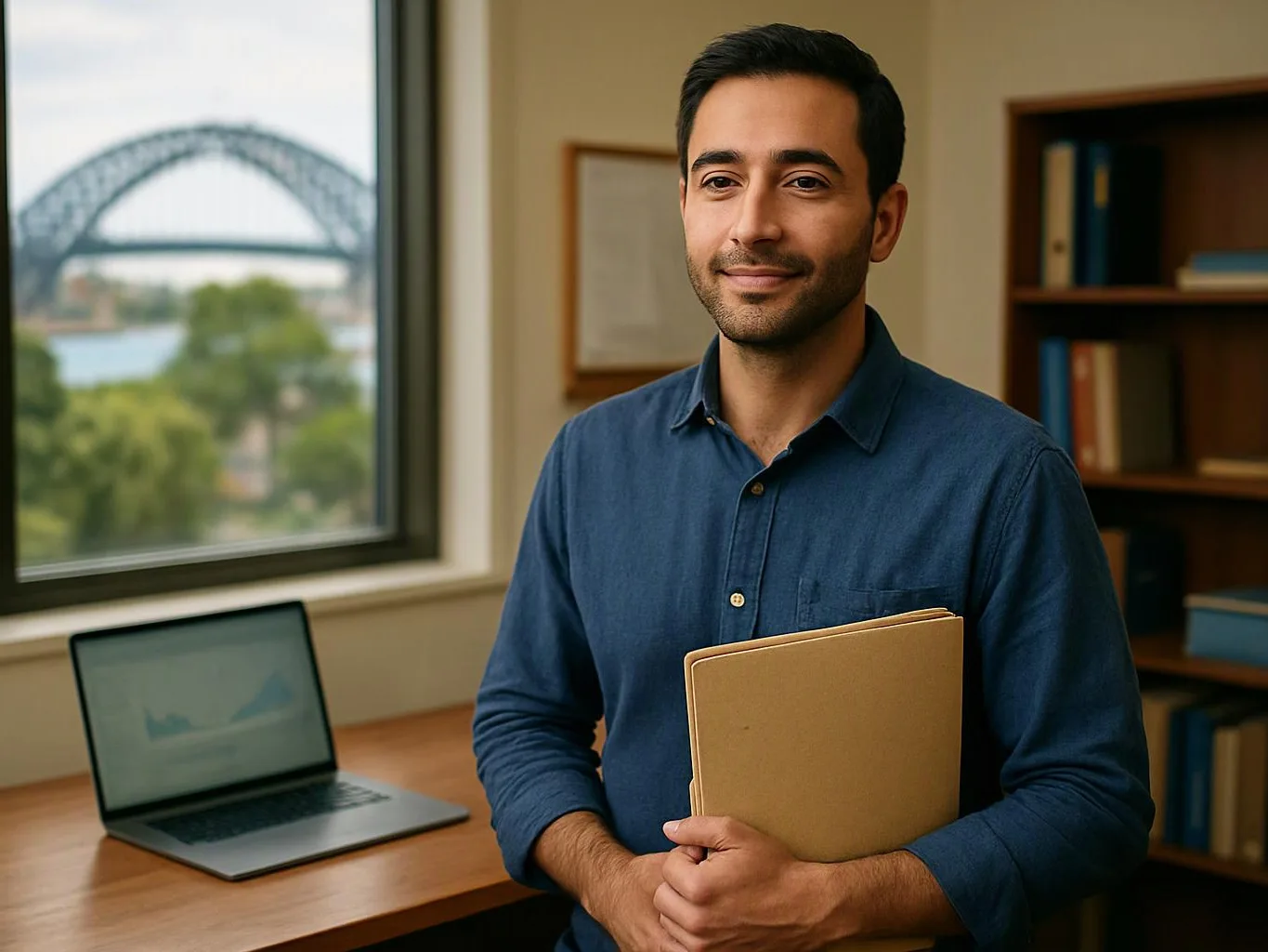 A man stands in an office holding folders, with a laptop, bookshelves, and a bridge visible through the window